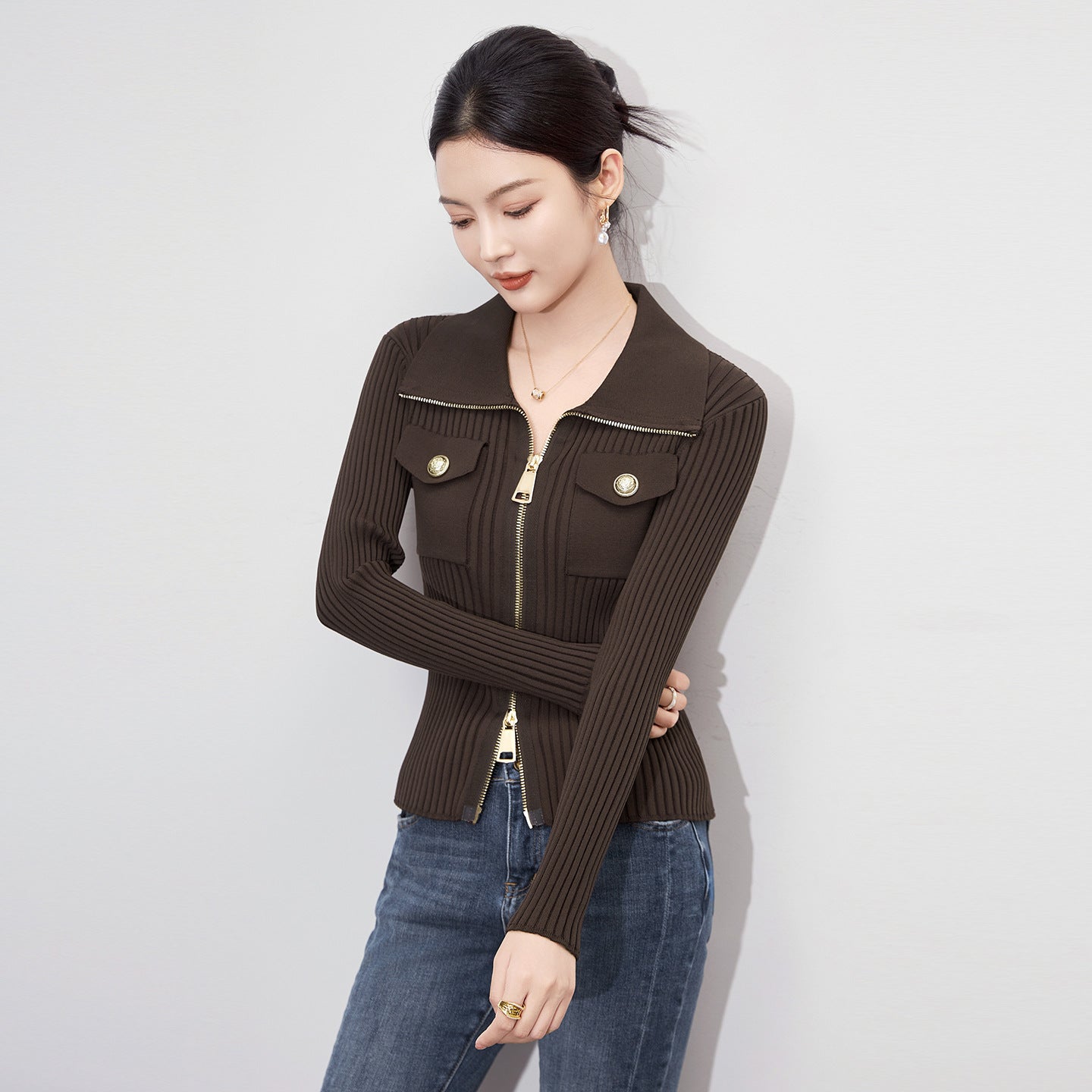 Women's Long Sleeve Knitted Sweater Autumn Hot Sale Of The Season Early Double Zipper Notch Collar Slim Fit Open Cardigan Top