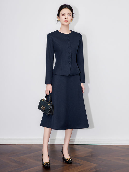 Autumn Women  New Solid O-neck Single Breasted Office Lady Long Sleeved Blazer Tops + High Waist Midi Skirts Two-piece Set