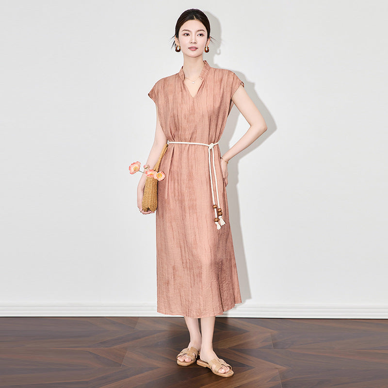 Women's Linen V-Neck Dress, Fashion Casual Simple Style Long Dress