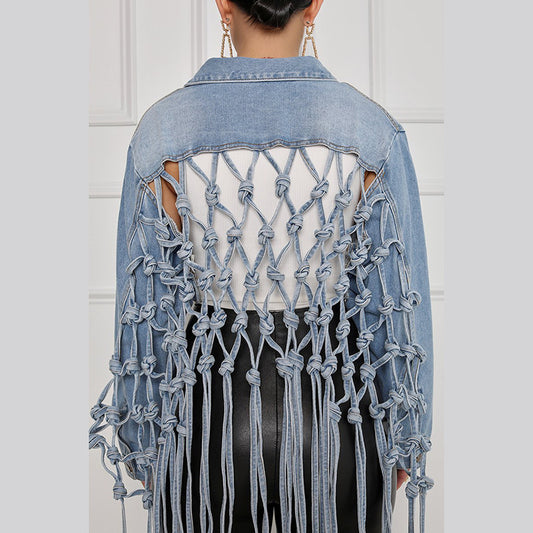 Women Denim Jacket Back Grid Fringe Design Denim Jacket Ladies Spring and Fall Fashion Short Personalized Jacket Coat