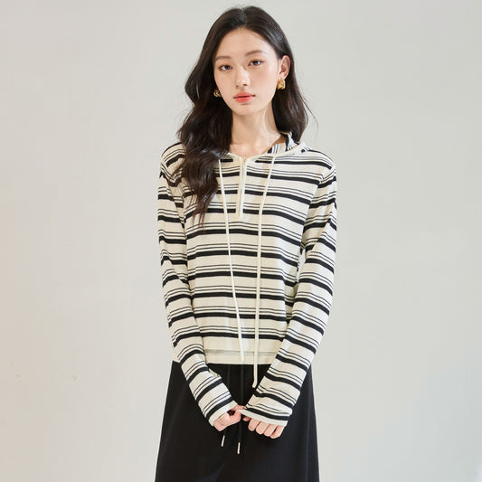 100% Pure Cotton Striped Knitted Thickened Hooded Sweater Loose Overhead Color Block Base Shirt Women's Wear