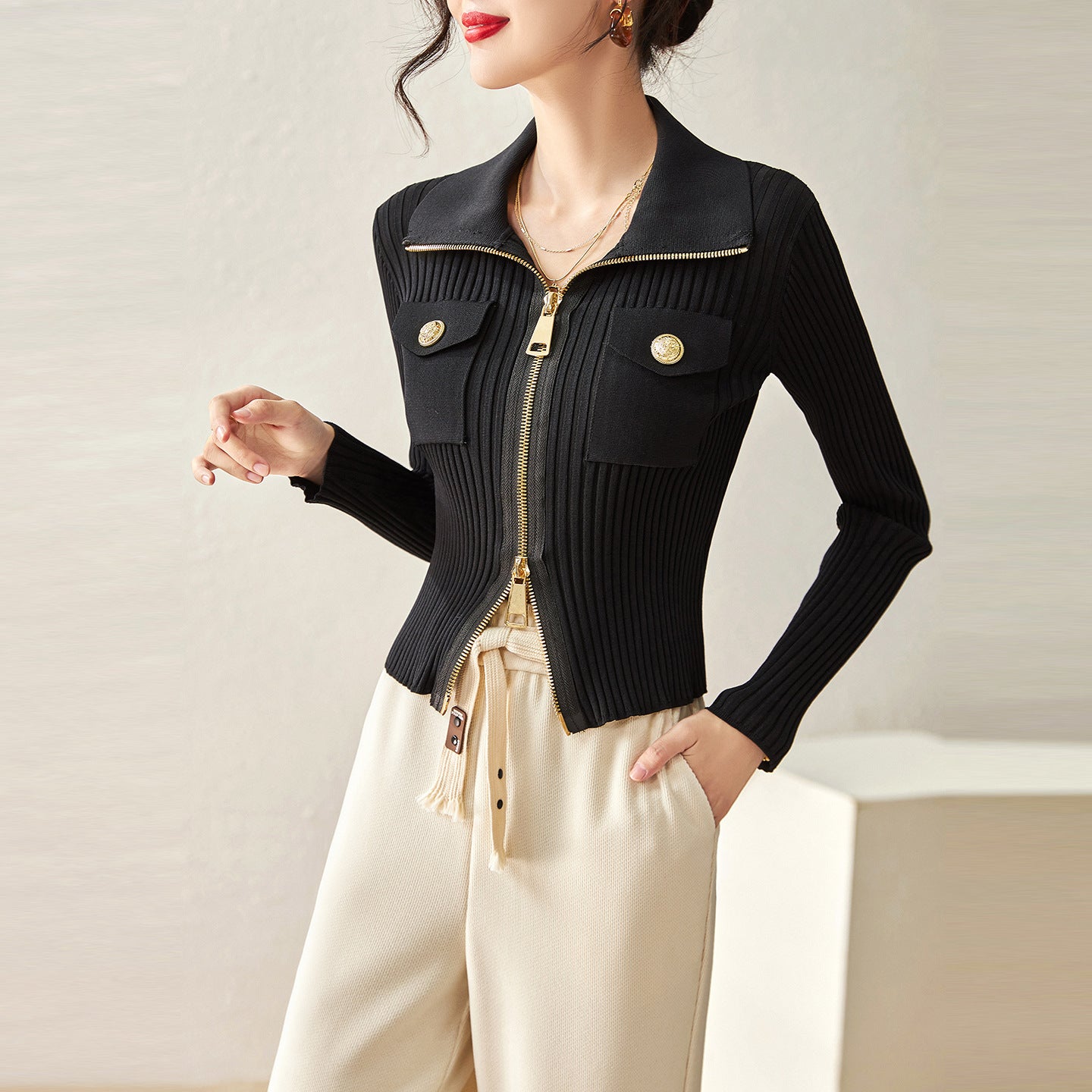 Women's Long Sleeve Knitted Sweater Autumn Hot Sale Of The Season Early Double Zipper Notch Collar Slim Fit Open Cardigan Top