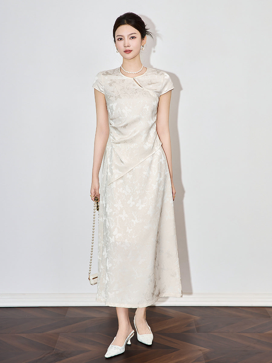 Elegant Vintage Chinese Print Long Dress Women's Summer Asymmetrical Hemline Polyester Fiber Stand Collar Knee-Length Dress