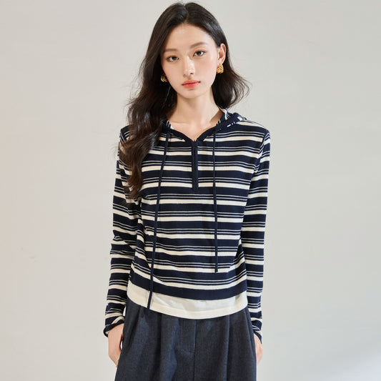 100% Pure Cotton Striped Knitted Thickened Hooded Sweater Loose Overhead Color Block Base Shirt Women's Wear
