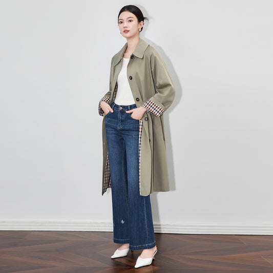 Color Plaid Women French Long Trench Coat Turn-Down Collar Lady Single-Breasted Mid-Length Windbreaker Jacket Tops