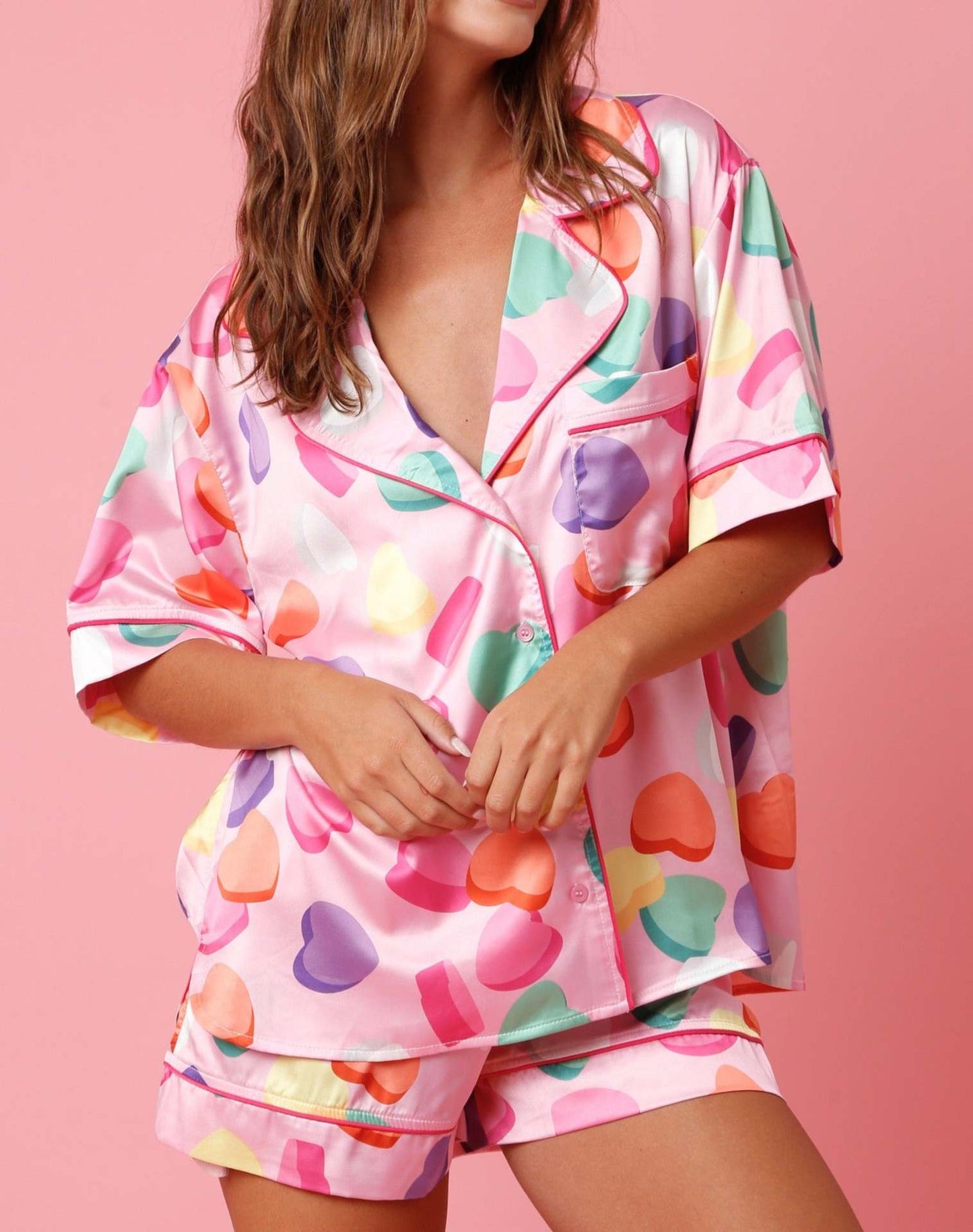 Women Spring Summer Pajama Set Heart/Boots Print Short Sleeve Button Closure Shirt with Shorts Loose Sleepwear Loungewear