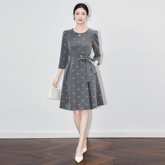 French Elegant Commuter Vintage Dress Women Autumn Round Neck Long Sleeve Butterfly Jacquard High Waist Temperament Midi Dress