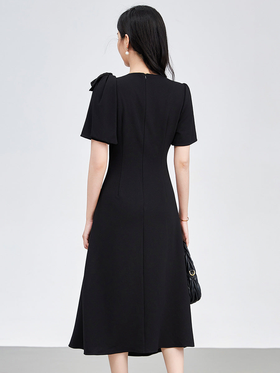 Women Summer Dress Fashion Solid Work OL Midi Sundress Stylish O Neck Short Sleeve Party Vestidos Pleated Robe Femme