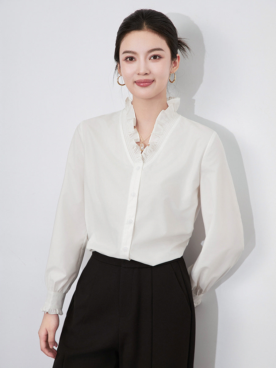 Lanen Playful Series Yellow Lace Trim V-neck Women's Shirt European Style New Arrival Slim Fit Cotton Button-up
