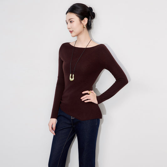 Spring Autumn French Style One Shoulder Wool Knitted Sweater Women's Slim Fit Base Layer Sweater Fashionable Inner Wear Top