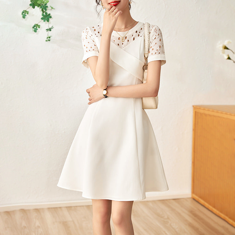 Fashionable French Style Little Black Dress Lace Short Sleeve Round Neck Diamond Studded Midi Dress Elegant Ladylike Youthful