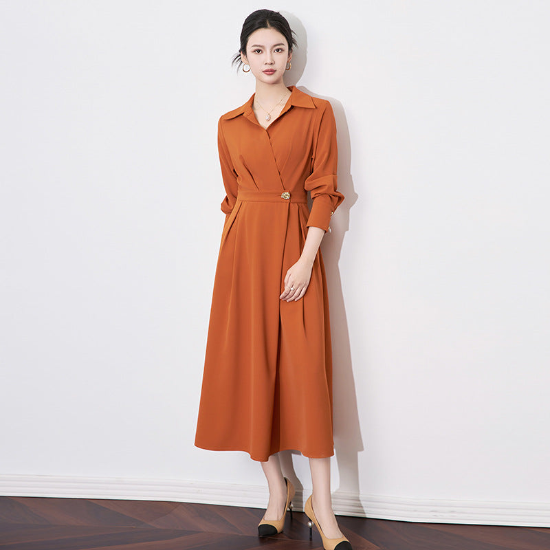 French Long-sleeve Shirt Dress for Women 2024 Autumn New A-line Office Lady Solid Midi Dresses Vestidos