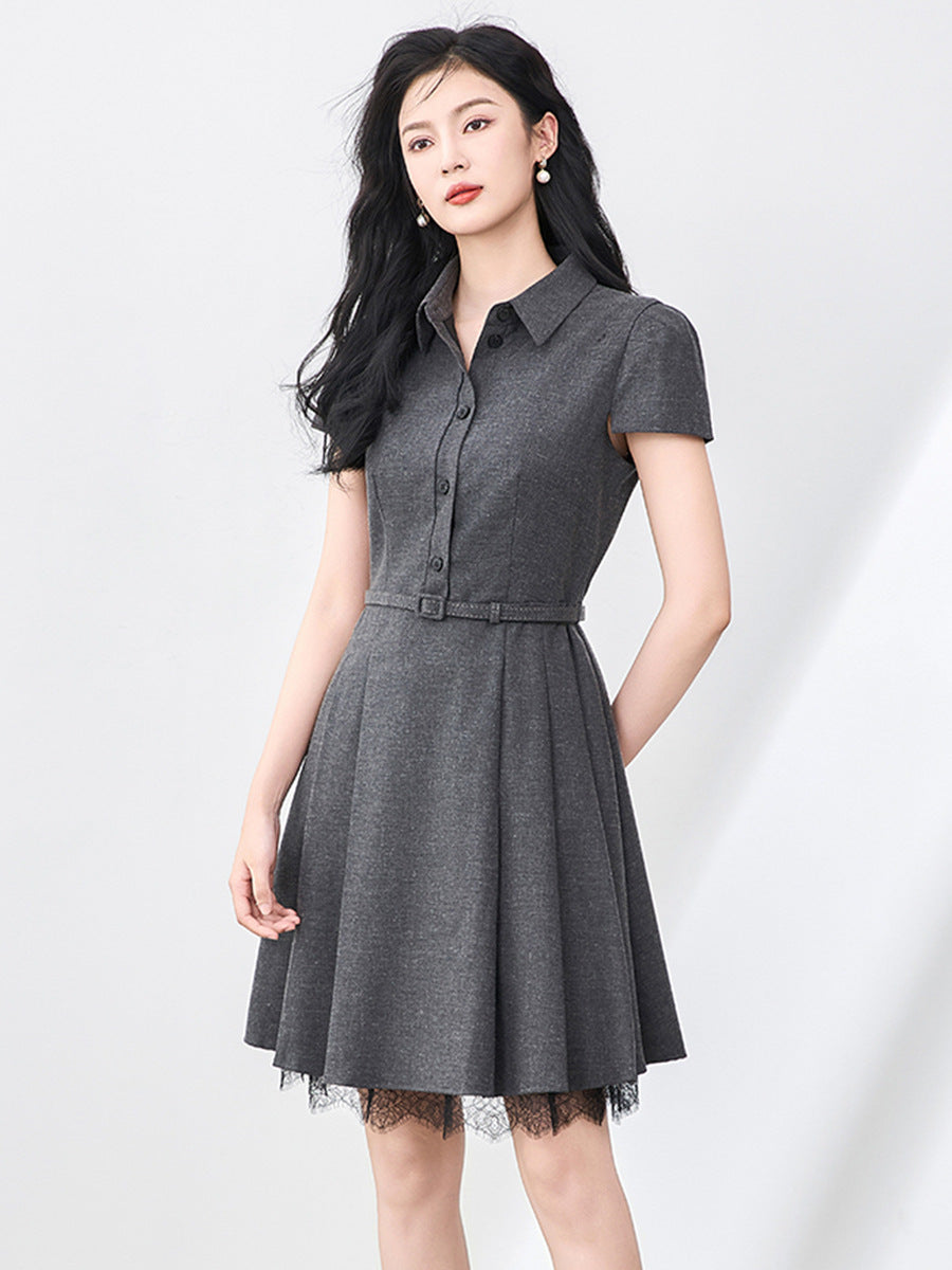 Elegant Hepburn Style Short Sleeve Turn-down Collar Waist-cinched Dress Women's Knee-length Polyester Fiber Princess Sleeve Polo