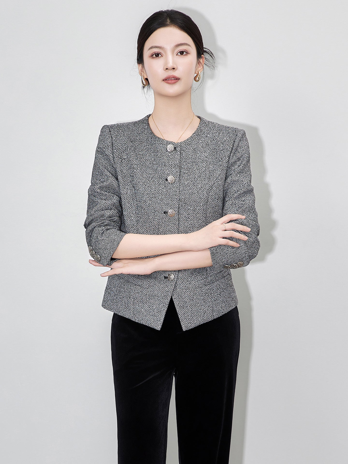 Retro Beadwork Waist-Cinching Round Neck Commute Jacket New Spring Outerwear Elegant Grey Black Long Sleeve Ladies Style