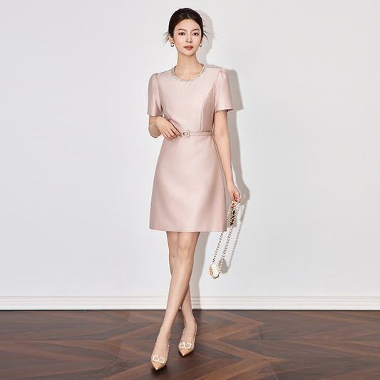 Elegant French Style Heavy Work Dress Slimming Waist Design for Women Celebrity Classy Short Sleeve round Neck Gown