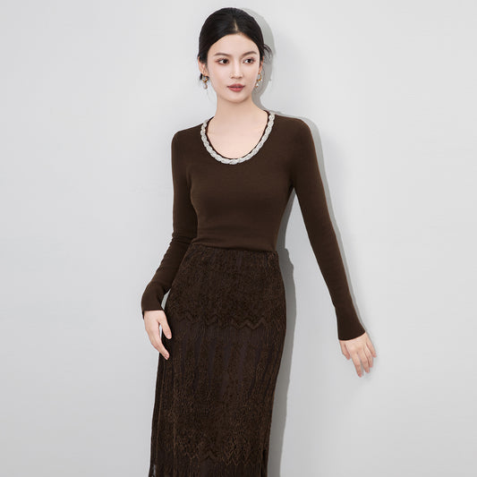 Black Long Sleeve round Neck Knitted Sweater Women's Slim Fit Design Base Shirt Inner Wear Autumn Winter New Style Floral Print