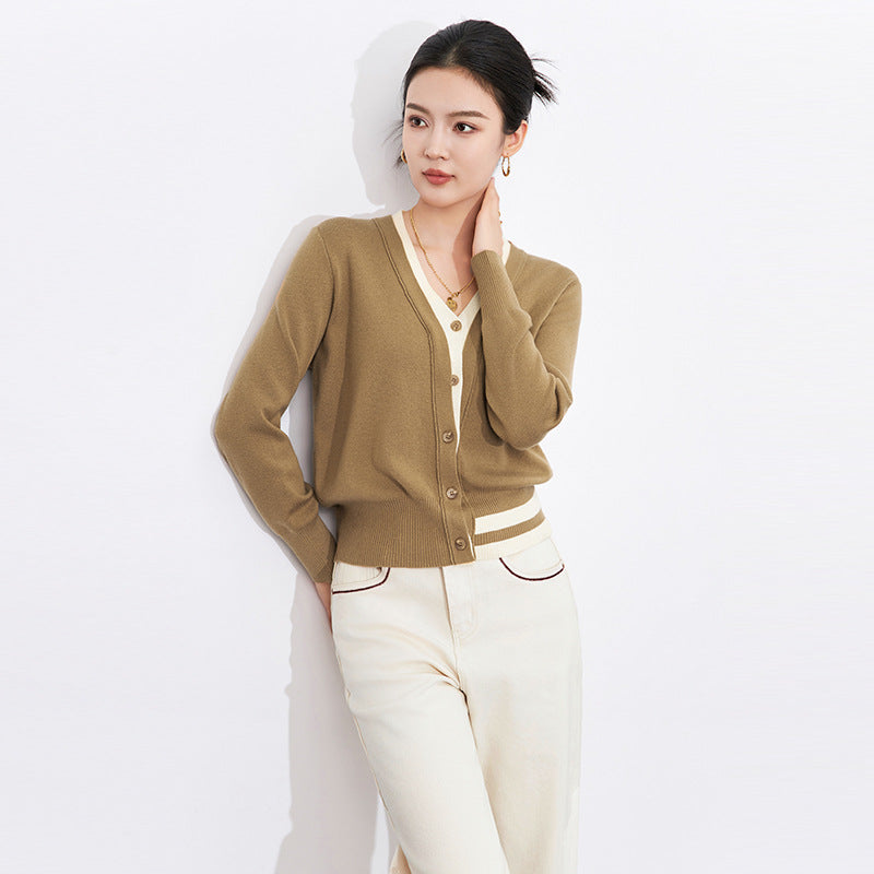 Color Block V-Neck Knitted Open Cardigan Fashionable Versatile Women's Single Piece Long Sleeve Basic Fit Style Elegant Commute