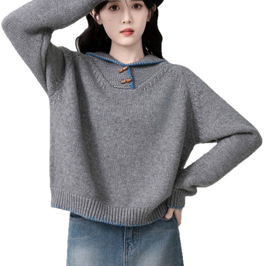 Autumn Winter Loose Women's Knitted Sweater Soft Cozy Overhead Design Sensation Small Audience Cord Collar Button Outwear