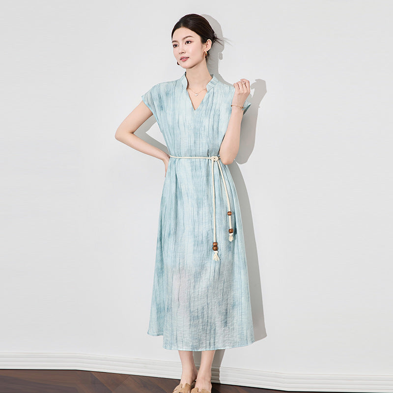 Women's Linen V-Neck Dress, Fashion Casual Simple Style Long Dress
