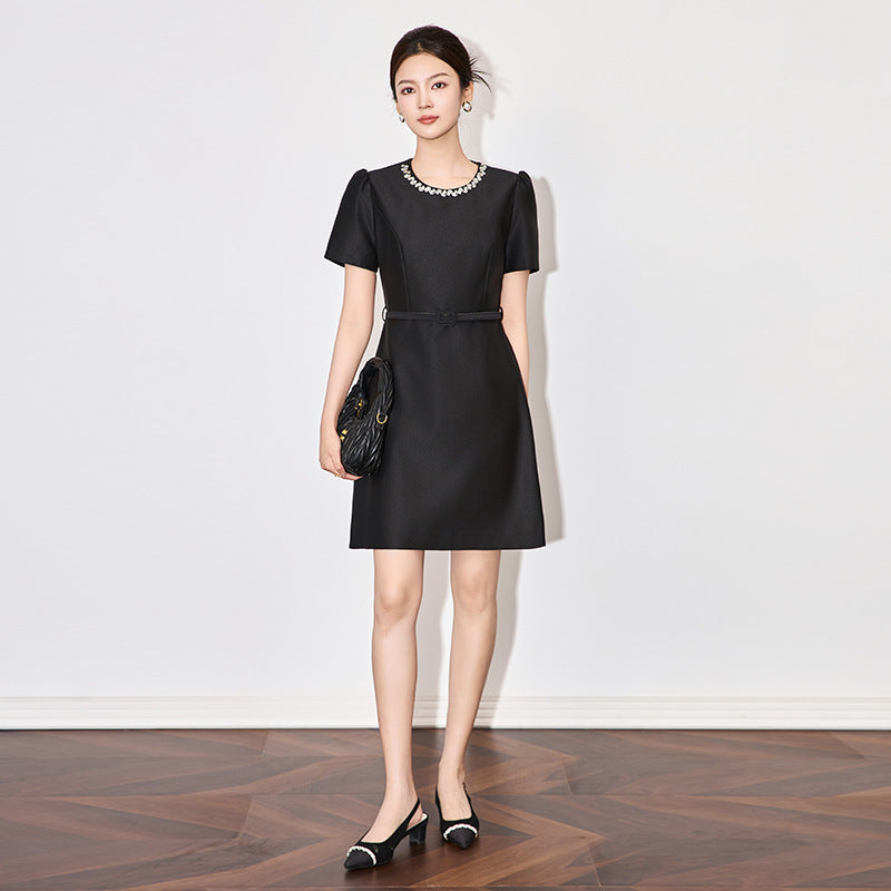 Elegant French Style Heavy Work Dress Slimming Waist Design for Women Celebrity Classy Short Sleeve round Neck Gown
