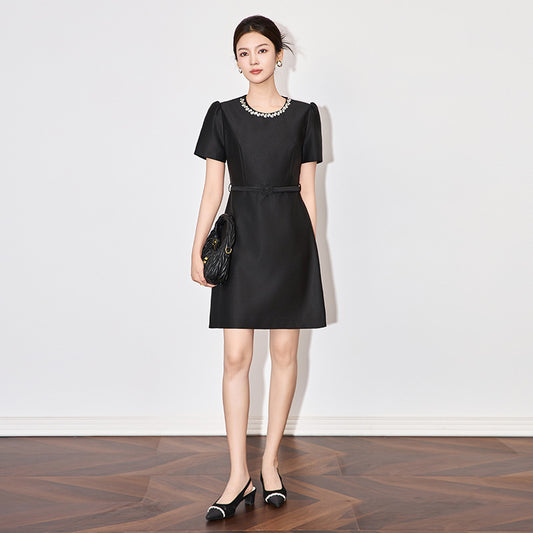 Elegant French Style Heavy Work Dress Slimming Waist Design for Women Celebrity Classy Short Sleeve round Neck Gown