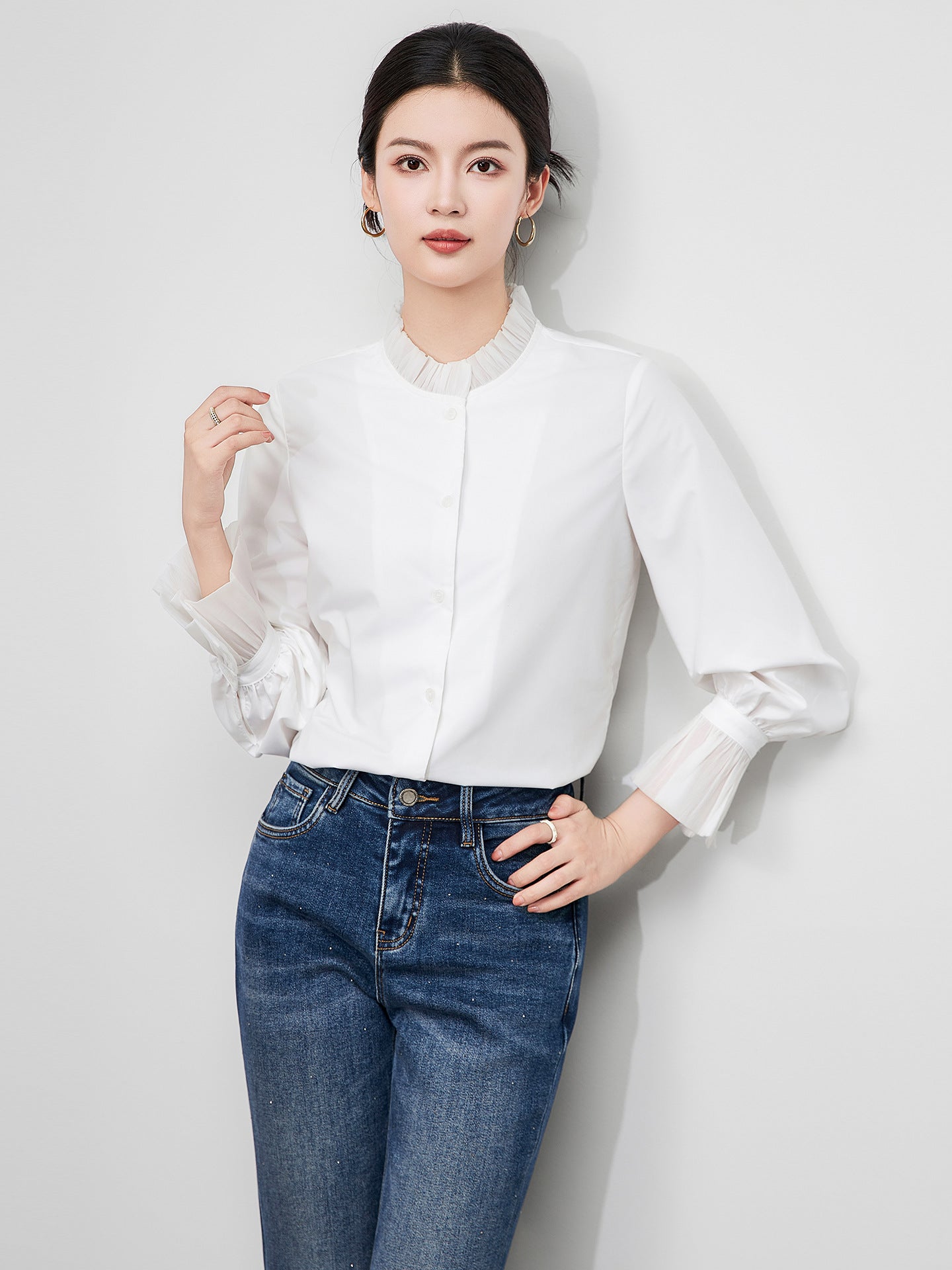 Standing Collar Commuting Shirt For Women's Summer 2025 New French Quarter Sleeved Women