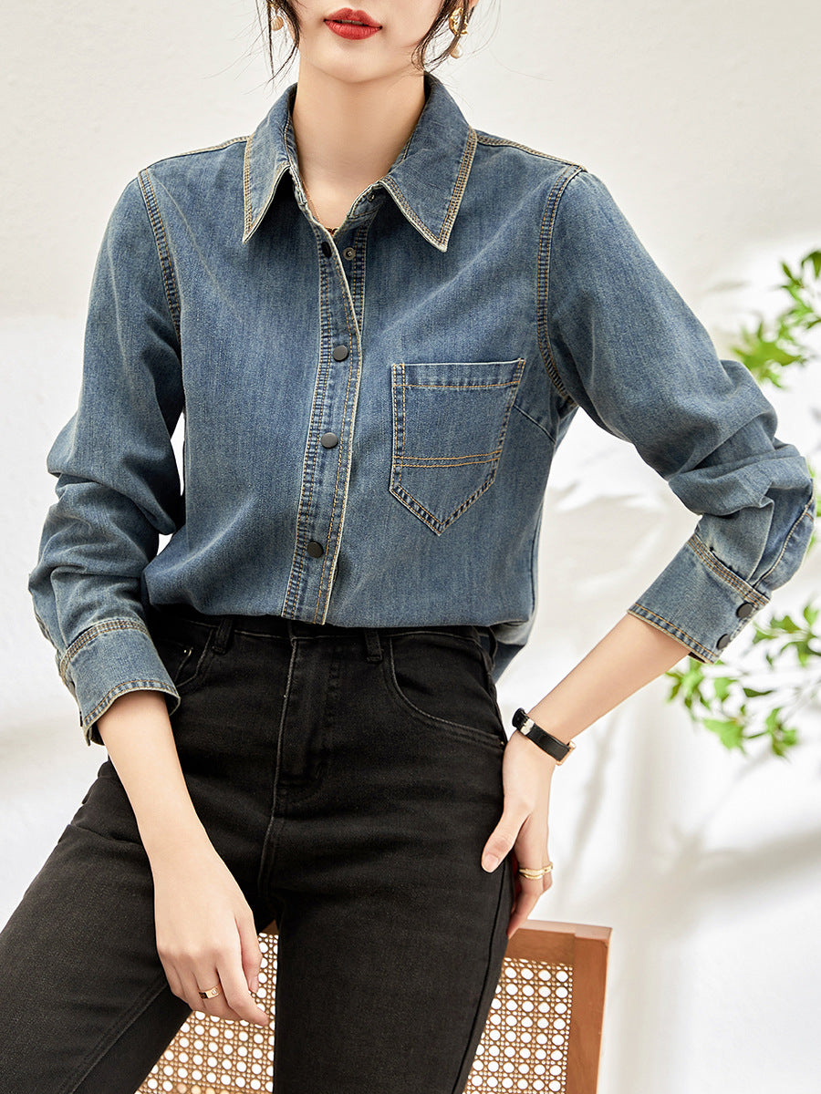 Retro Hong Kong Style Long Sleeve Denim Shirt Women's Outerwear Design Sense Layering Inner Wear Fall Season Casual Top