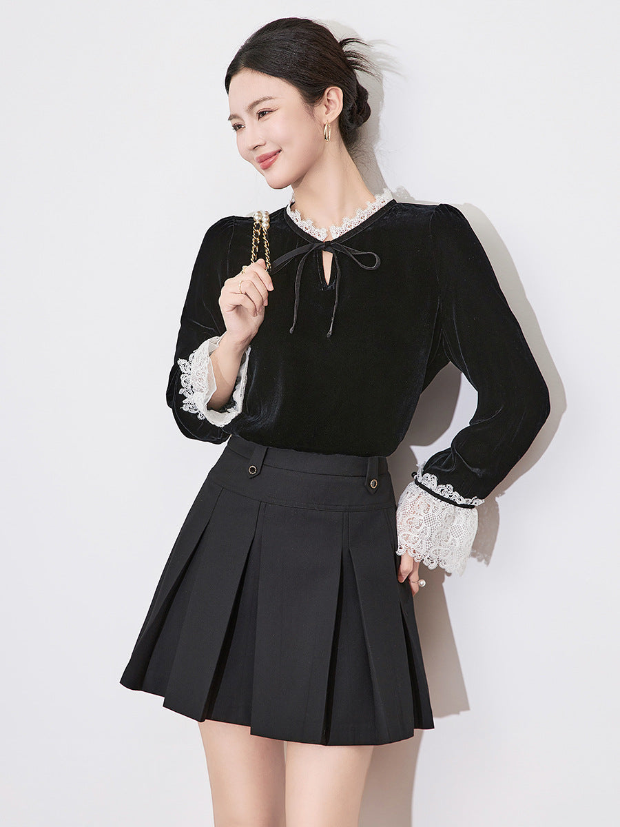 Retro Cute Sweet Black Velvet Tops New Year Women Preppy Style Date Girls Patchwork White Ruffles Button Shirt Blouse Vintage