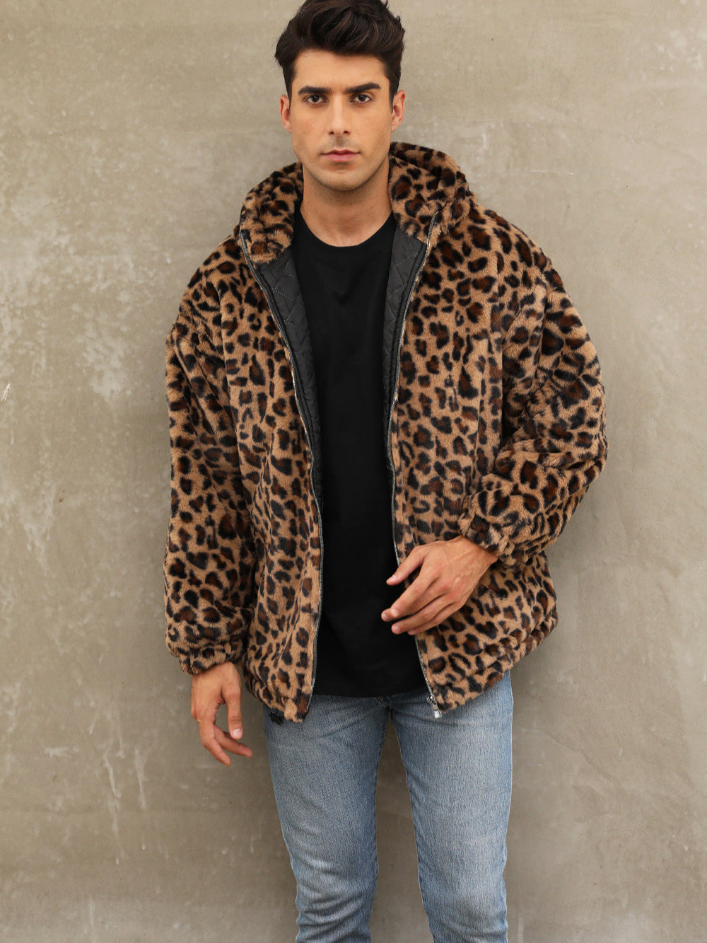 Autumn and Winter Warm Plush Leopard Print Jacket Imitation Fur Zipper Hooded Jacket for Men