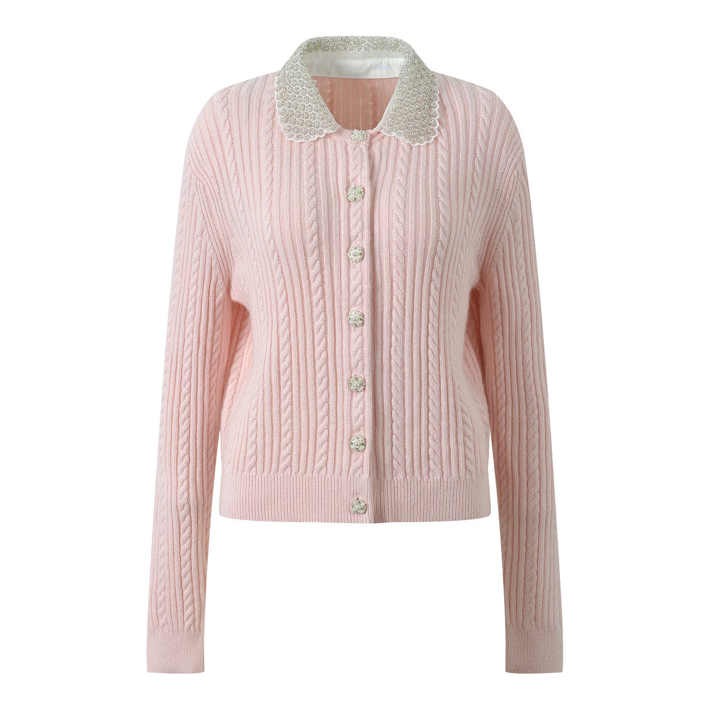 Ele European Sle Knitted Cardigan Women's Long Sve Turn-down Collar Pearl Button Heavy Embroidery Faion Top
