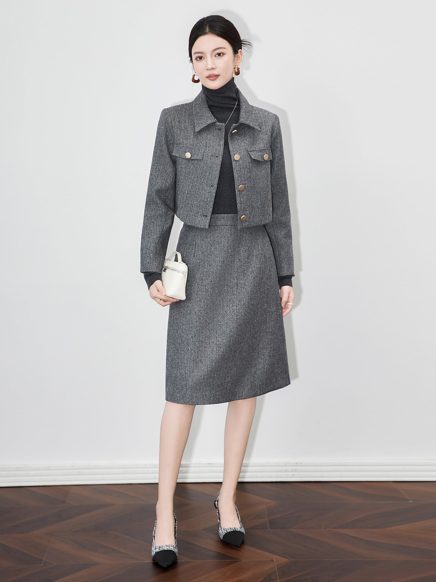 Casual Comfortable Skin-friendly Patchwork Dark Blue Spring Autumn Set Fashionable Polyester Fiber Knee-length Skirt