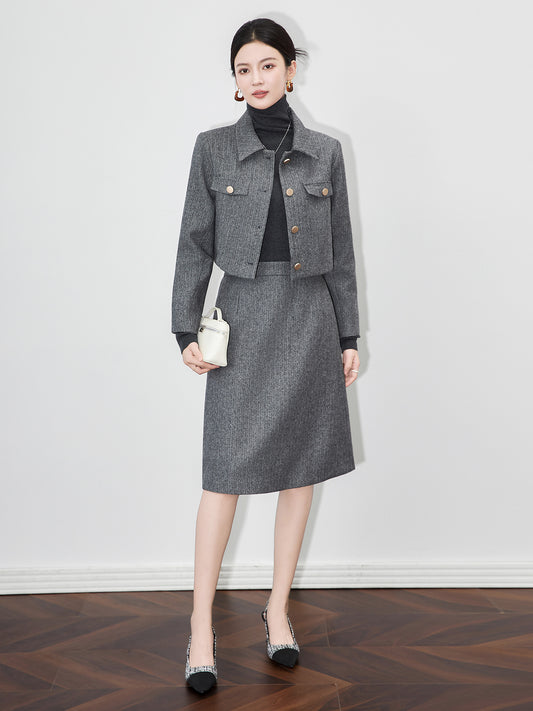 Casual Comfortable Skin-friendly Patchwork Dark Blue Spring Autumn Set Fashionable Polyester Fiber Knee-length Skirt