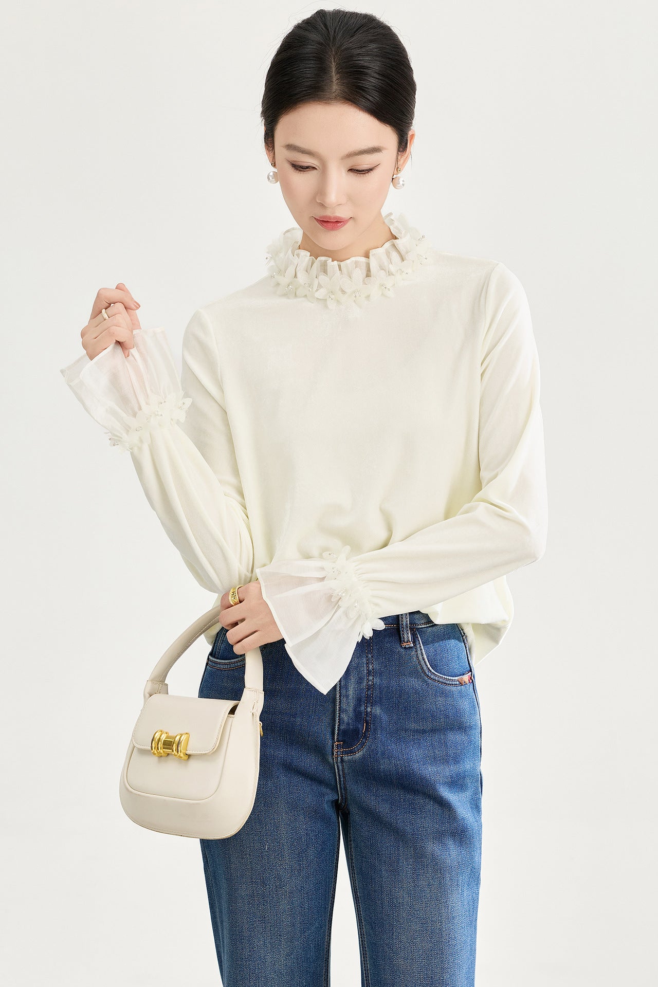 French Romantic Lace Collar Flannel Shirt Womens Blouse Spring Autumn Floral Petal Neck Elegant