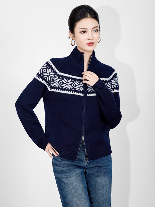 100% Merino Wool Cardigans for Women Winter Vintage Jacquard Warm Woolen Knitted Sweaters Long Sleeve Elegant Cardigan Coat