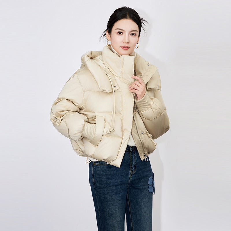 White Duck down Short Puffer Jacket Women's Thickened Long Sleeve High Collar Warm Fashionable Outerwear Chinese Style