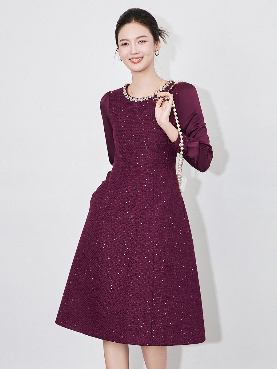 Chunky Tweed Elegant Mini Dress Designer Style Slim Fit Rhinestone Detail Long Sleeve Fall Winter Women Fashion Female Clothing