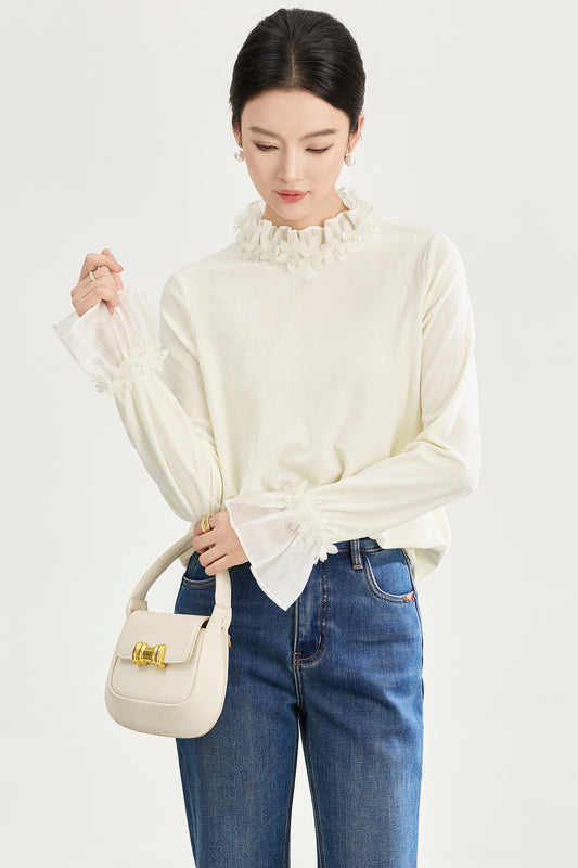 2026 Spring New French Style Elegant Fashion Lace Bottom Shirt 3D Petal Stand Collar Long Sleeve Versatile Shirts Tops for Women