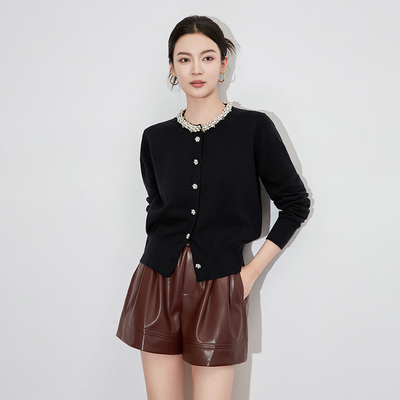 Pearls Beading O-Neck Cardigan Women, Fashion Knitted Gray Long Sleeve