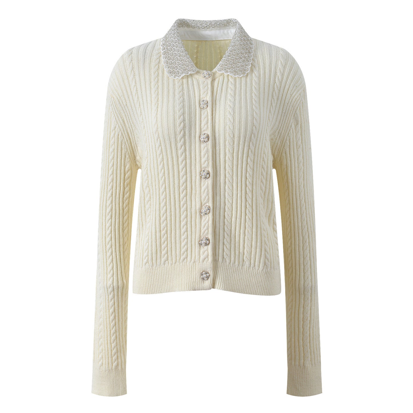 Ele European Sle Knitted Cardigan Women's Long Sve Turn-down Collar Pearl Button Heavy Embroidery Faion Top