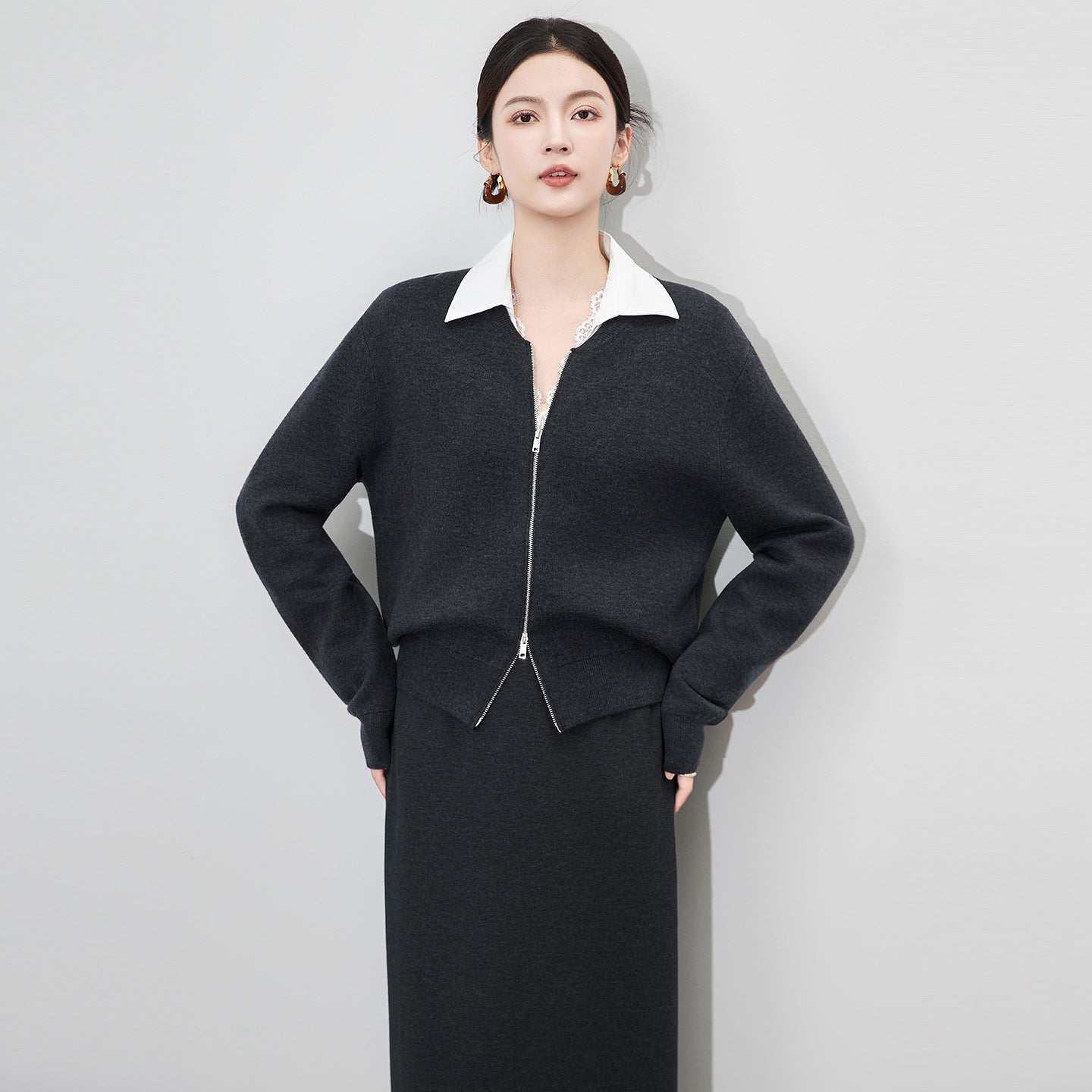 New Autumn Winter New knitted Cardigan Sweater Women Fashion Long-Sleeved Short Splicing leather Collar zipper Female Sweater