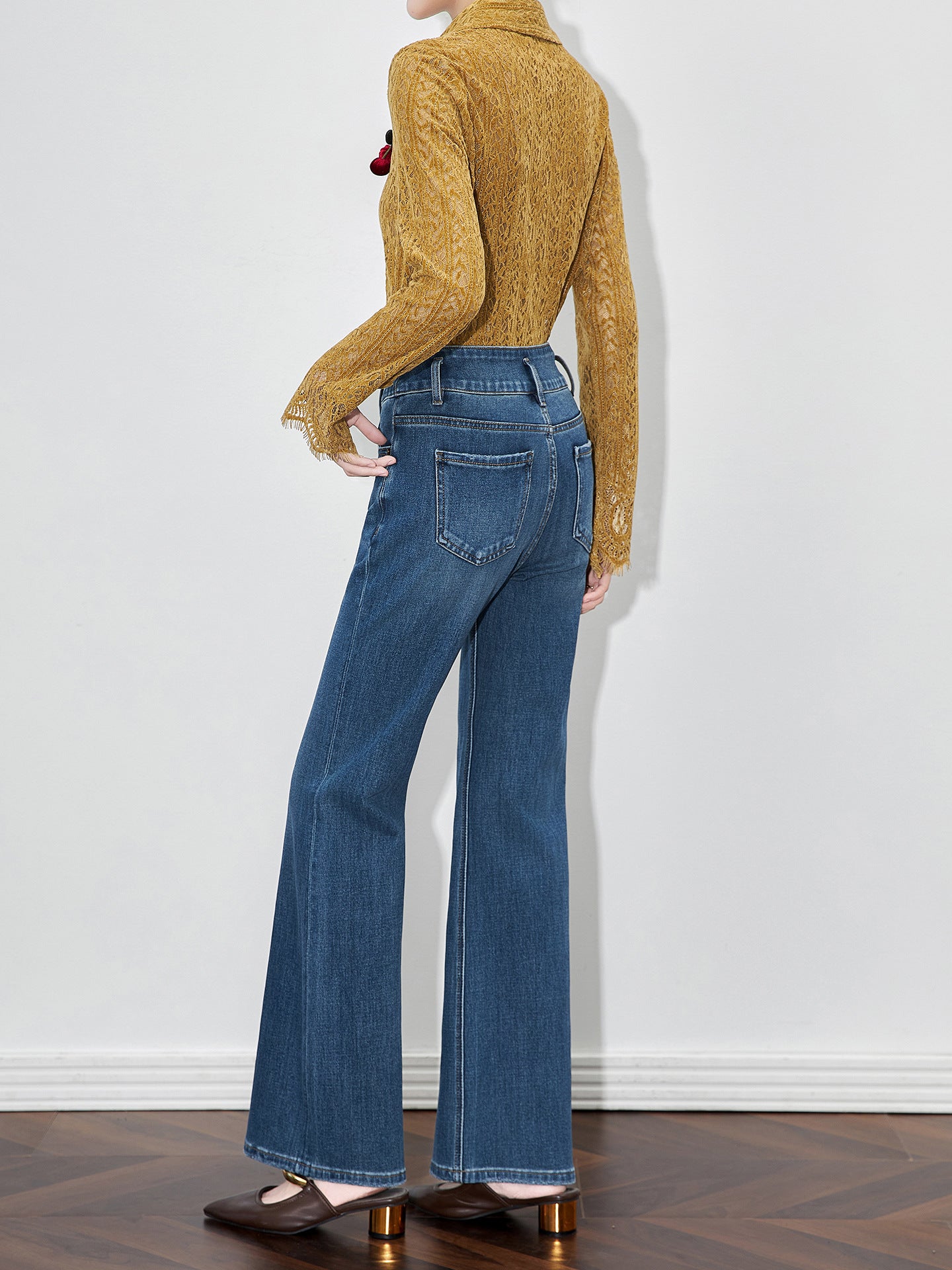 High Waist Bell Bottom Jeans Women's Elastic Slimming Casual Fish Tail Pants Vintage Style Long Polyester Fiber Commute Style