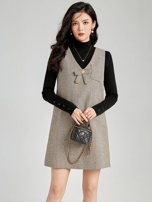 Autumn Winter Loose V-neck Slim Fit Sleeveless Split Casual Plaid Dress Knee-length Skirt Style Fashionable Women's Dress