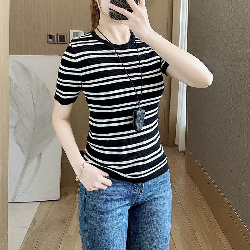 Elegant Fashion Harajuku Slim Fit Female Clothes Loose Casual All Match Knitwear Stripe O Neck Insert Short Sleeve T-shirts