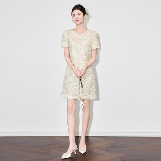 French Elegant Heavy Industry Embroidery Crew Neck Short Sleeve High Waist Slim A-line Temperament Socialite Summer Dress Women