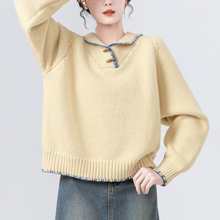 Autumn Winter Loose Women's Knitted Sweater Soft Cozy Overhead Design Sensation Small Audience Cord Collar Button Outwear