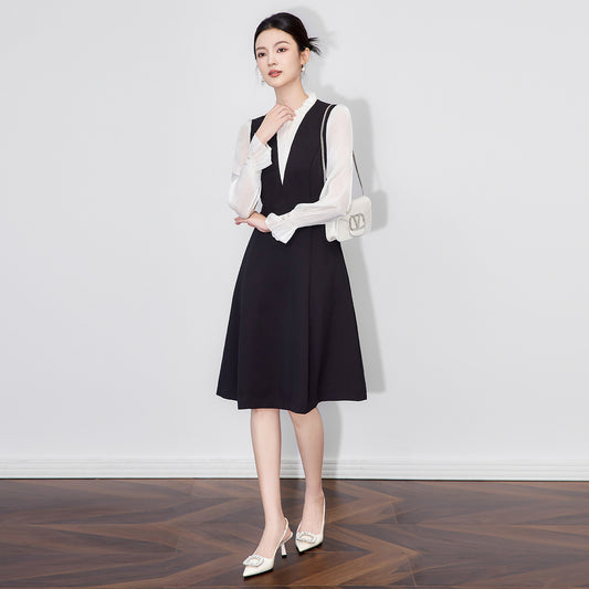 Fashionable Elegant Large Size Dress V-Neck Slimming Commute Versatile Stylish Black Dress Autumn Women's Clothing