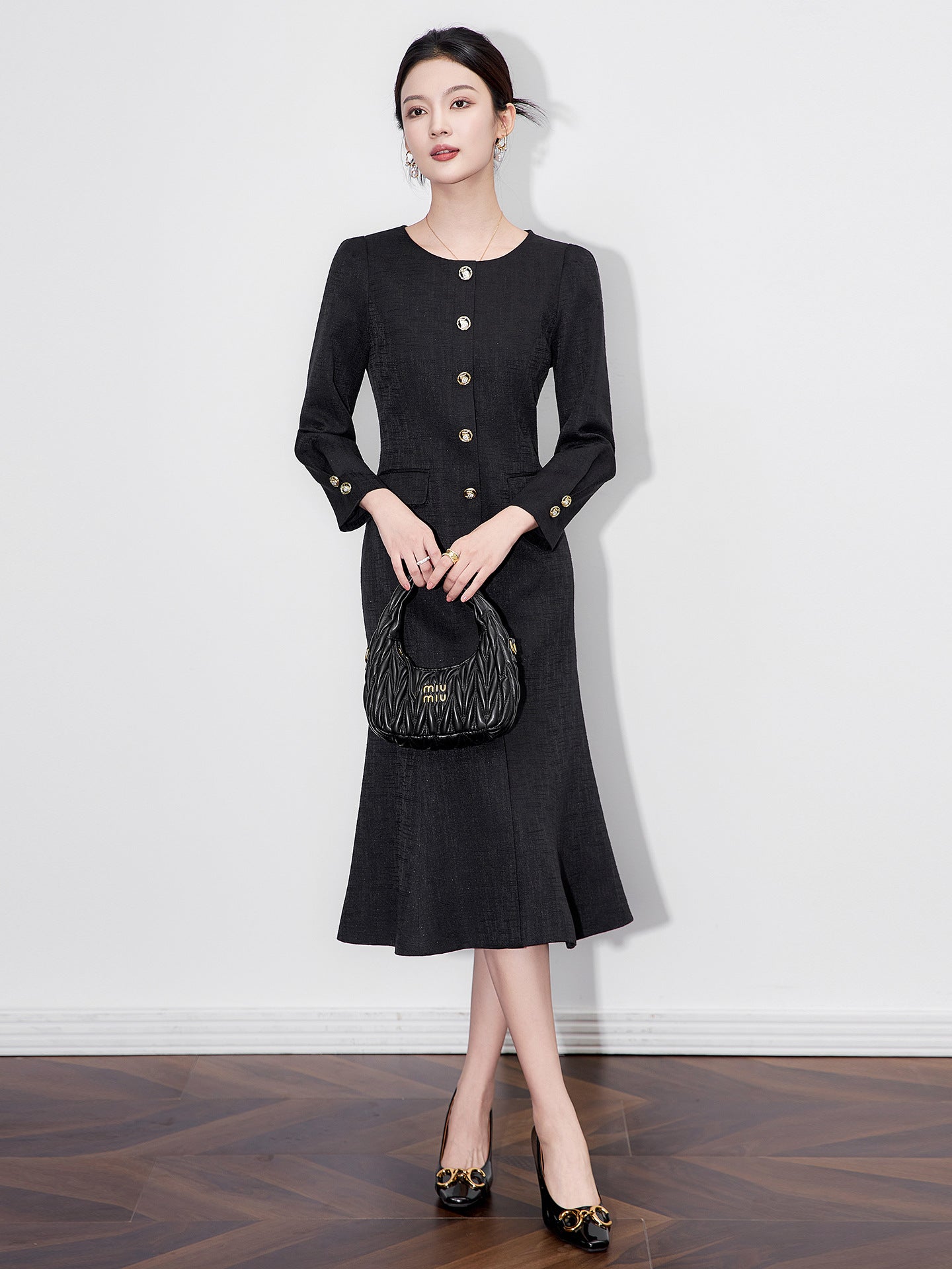 French Elegant Temperament Commuter Fishtail Dress Square Neck Long Sleeve Single Breasted High Waist Belt Slim Long Dress Women