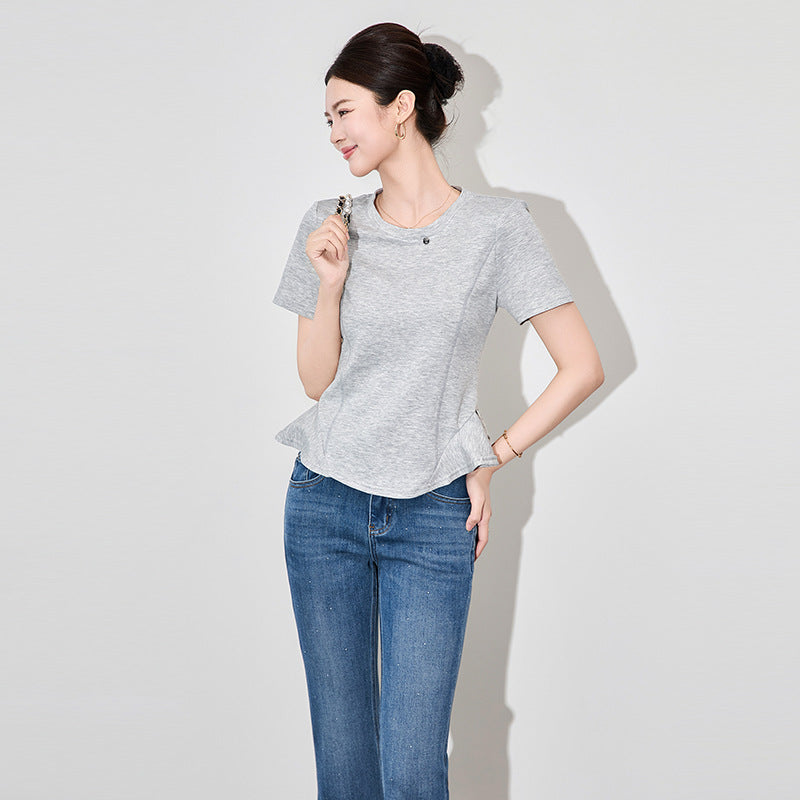 Cotton Half Sleeve T-Shirt White Summer New Korean Style Shoulder Level Irregular Hem Short Length Trendy Women's Top