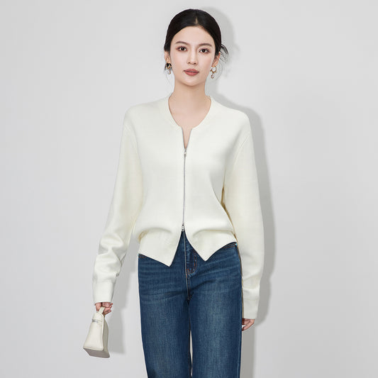 New Autumn Winter New knitted Cardigan Sweater Women Fashion Long-Sleeved Short Splicing leather Collar zipper Female Sweater