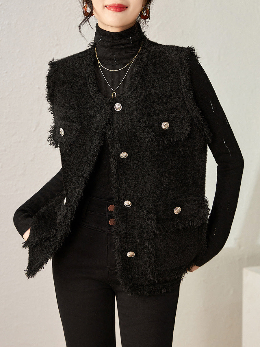 New Fashionable Black Minimalist Vest, Comfortable and Thick Tassel Top Big Size